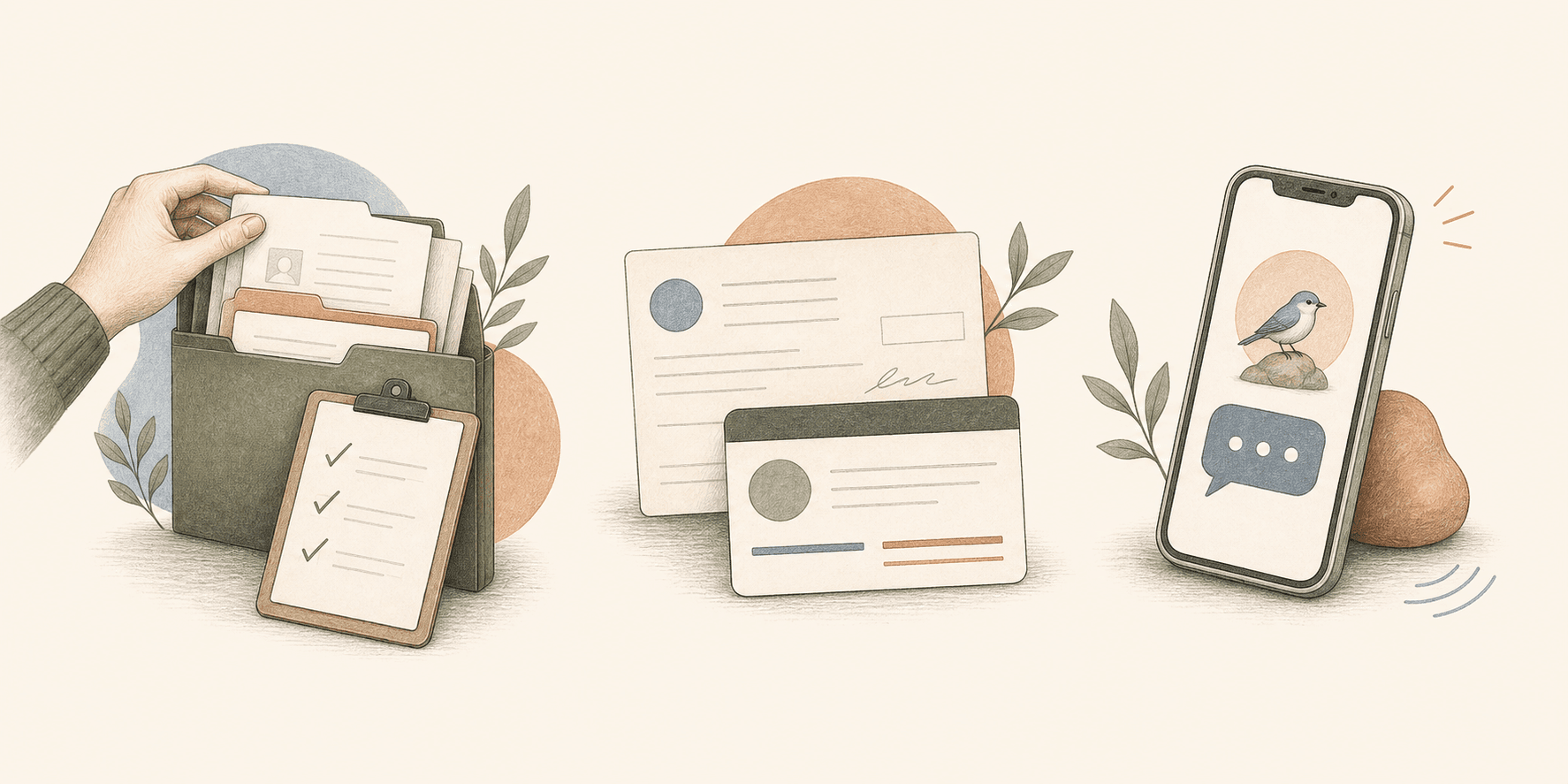 Warm illustrations of organized records, benefit paperwork, and phone support